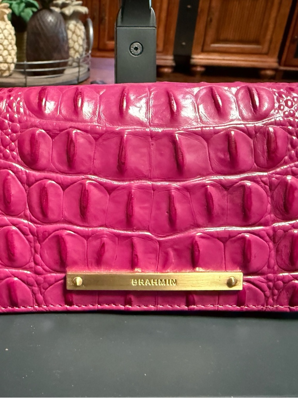 Brahmin Fuchsia Croc-Embossed Leather Clutch with Gold Hardware